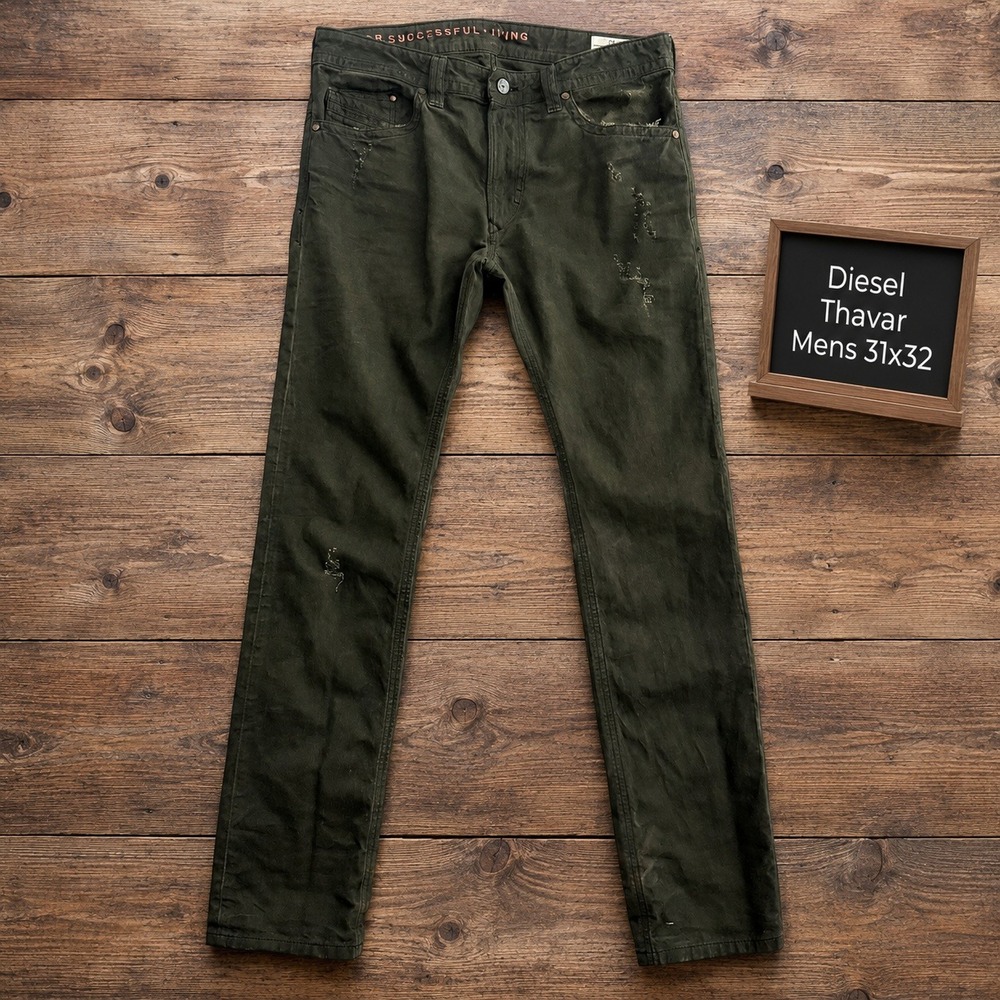 Diesel Thavar Slim Skinny Jeans Mens 31x32 Olive Green Distressed 0802K Italy
